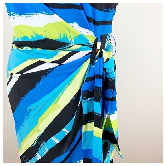 Tahari Bright Blue Multi Striped Side Draped Sleeveless Work Party Dress Sz 8 - Picture 4 of 13